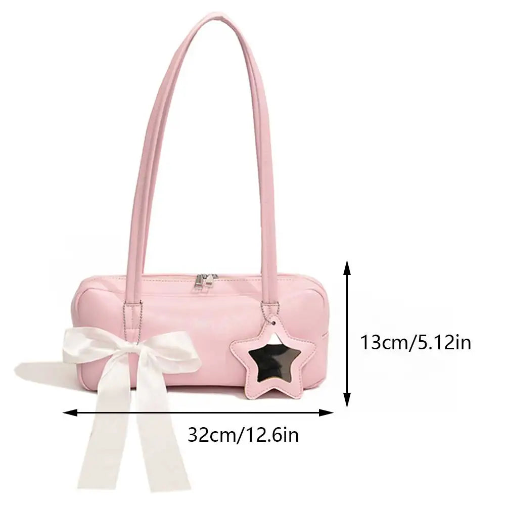 Women Bow Shoulder Bag with Star Pendant Fashion Shoulder Purse PU Leather Bow Underarm Handbag Girls Outdoor Daily Bag