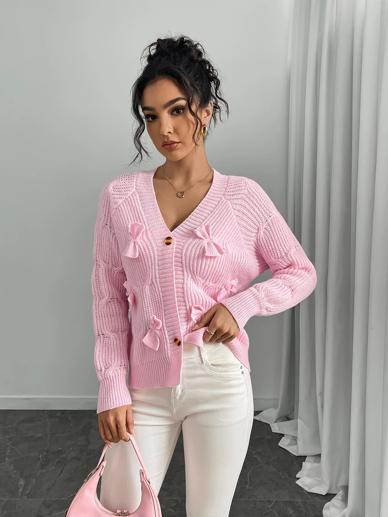 Autumn and Winter New Fashion Woman Sweater Solid Color Long Sleeve Bow Knit Cardigan Jacket Top Women's Clothing