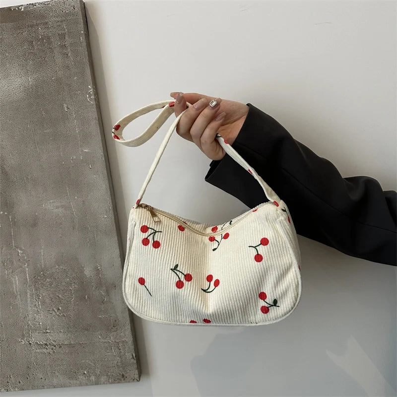 Women Girls Corduroy Cherry Underarm Bag Zipper Closure Purse Tote Cute Purse Shopper Bag for Work Travel