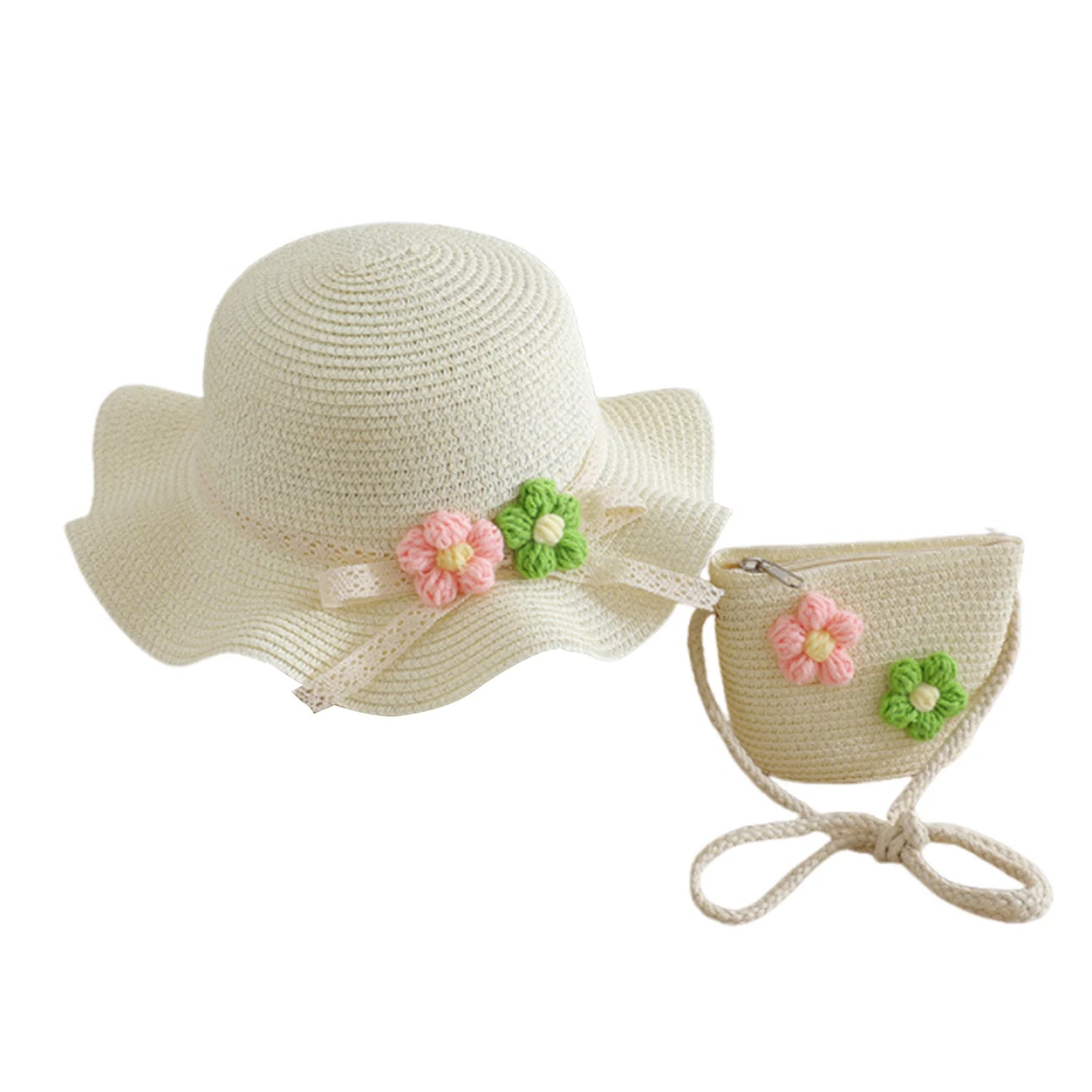 Girls Summer Sun Hat and Tote Bag Set with 3D Floral Embellishments Lace Detail Wide Brim and Adjustable Crossbody Strap