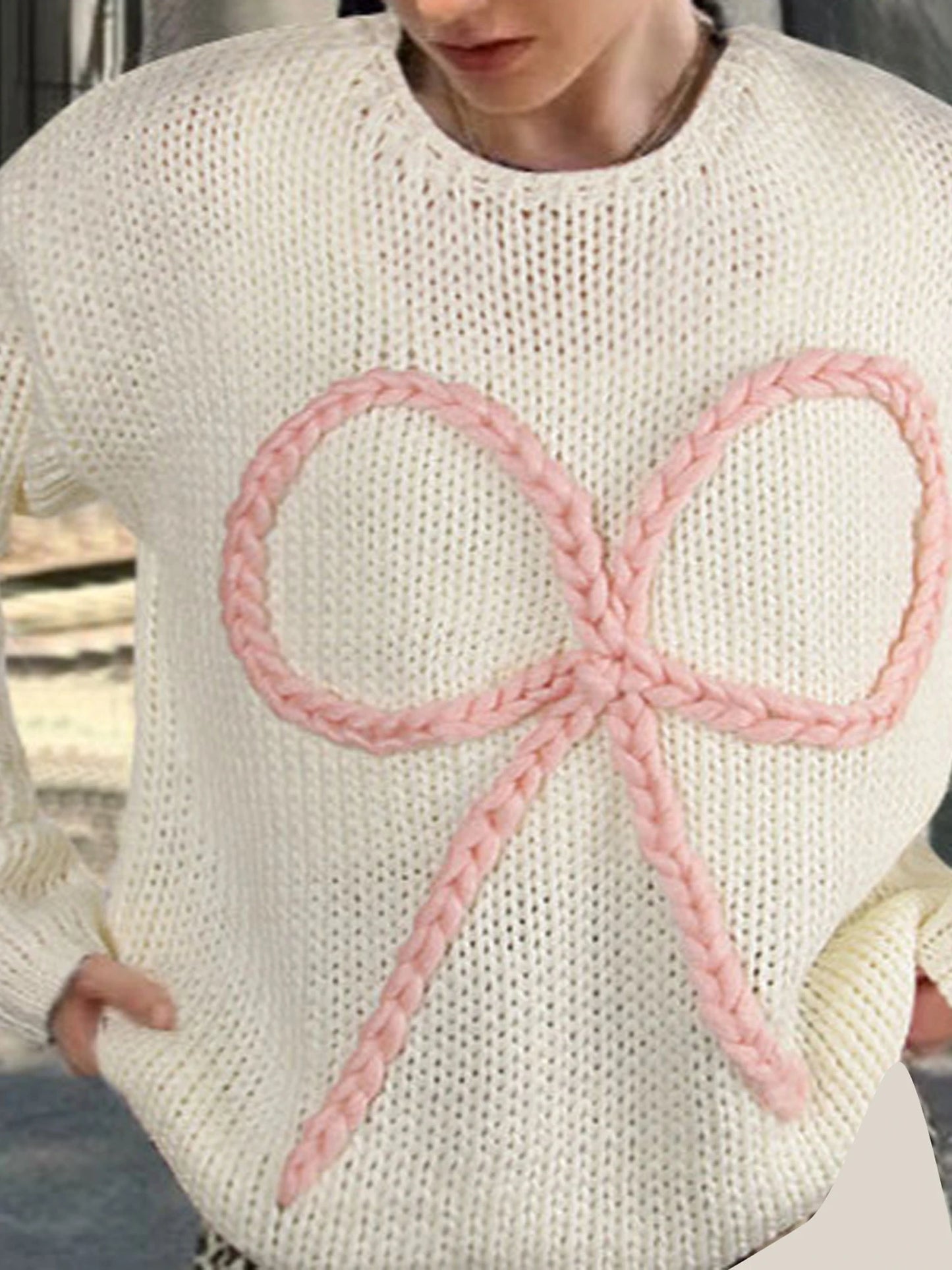 Women s Cozy Cable Knit Sweater with Oversized Bow Detail and Embroidery Long Sleeve Round Neck Pullover for Autumn