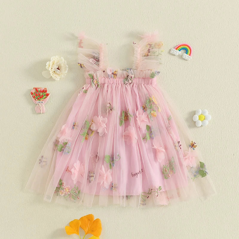 Toddler Girl Sleeveless Floral Embroidered Tulle Dress with Ruffle Square Neckline - Princess Party Dress for Baby Girl