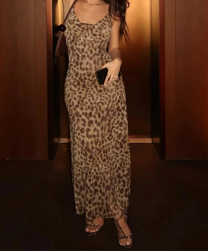 Weird Puss Leopard Print Dress Woman Summer Sexy Swing Collar Spaghetti Straps Backless Ruffles Party Clubwear Skinny Vestidos