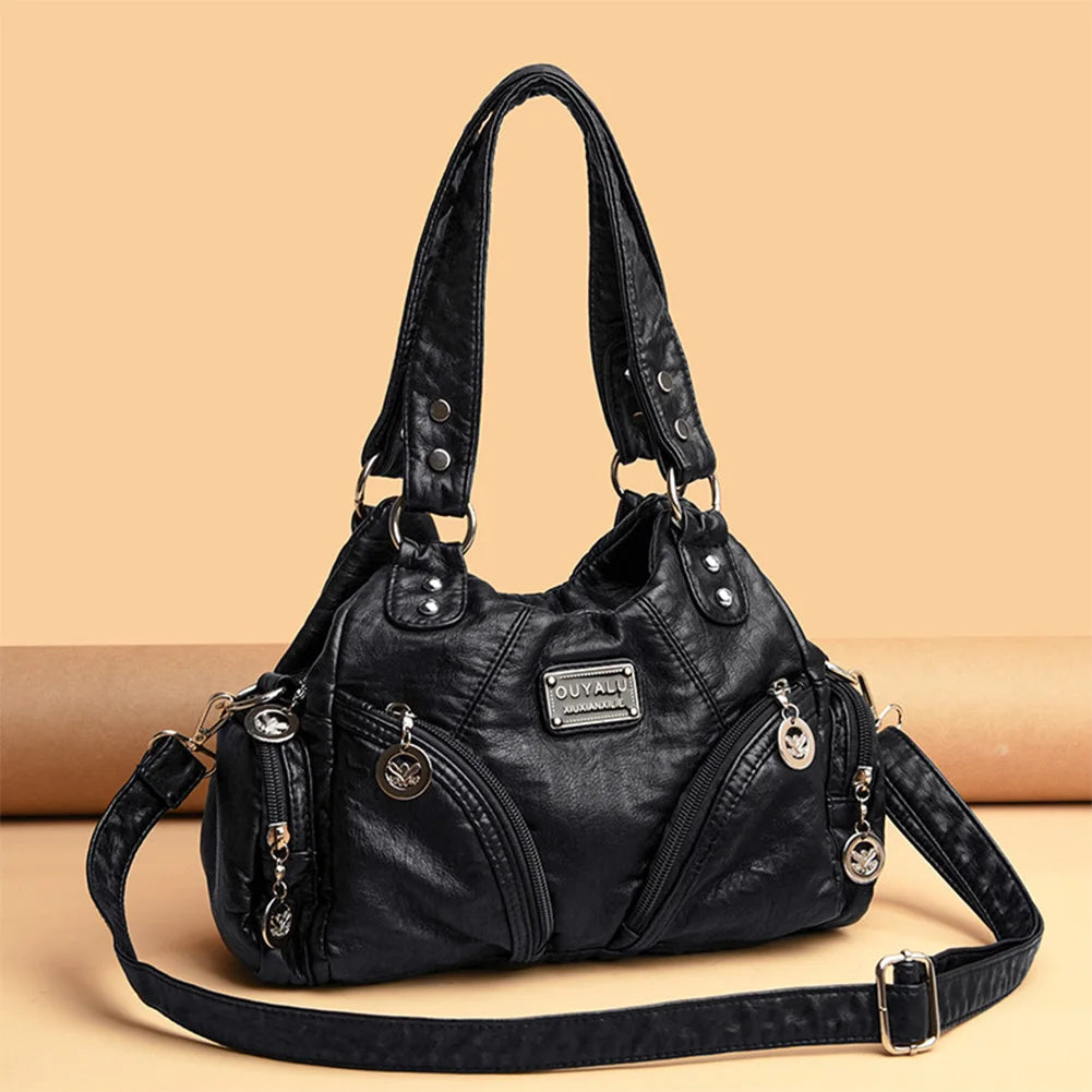 Women Retro Rivet Shoulder Bag Multiple Pockets Leather Tote Bag Detachable Strap Vintage Sling Bag Female Travel Handbag