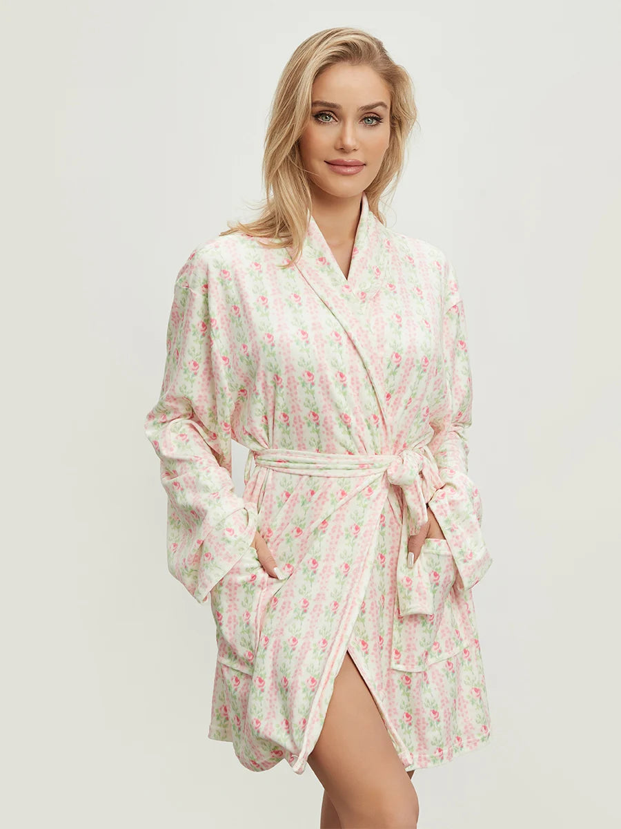 Women s Elegant Floral Print Long Sleeve Belted Robe with Lapel Collar and Convenient Pockets for Spring and Autumn Nights
