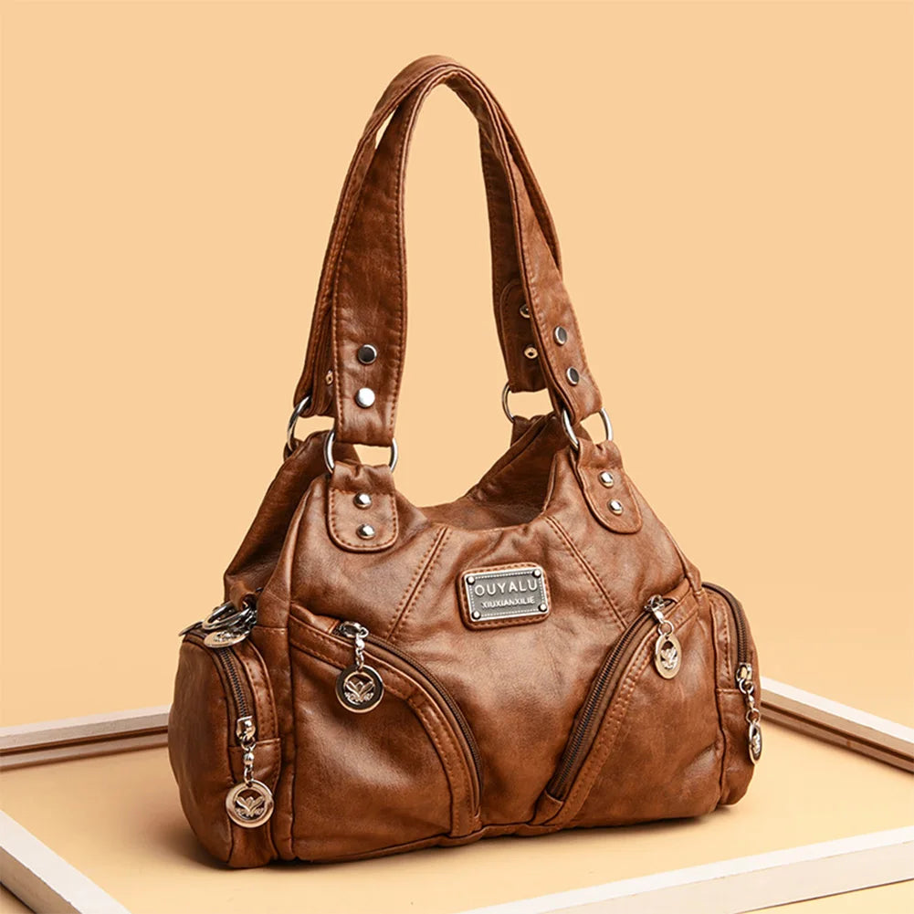 Women Retro Rivet Shoulder Bag Multiple Pockets Leather Tote Bag Detachable Strap Vintage Sling Bag Female Travel Handbag