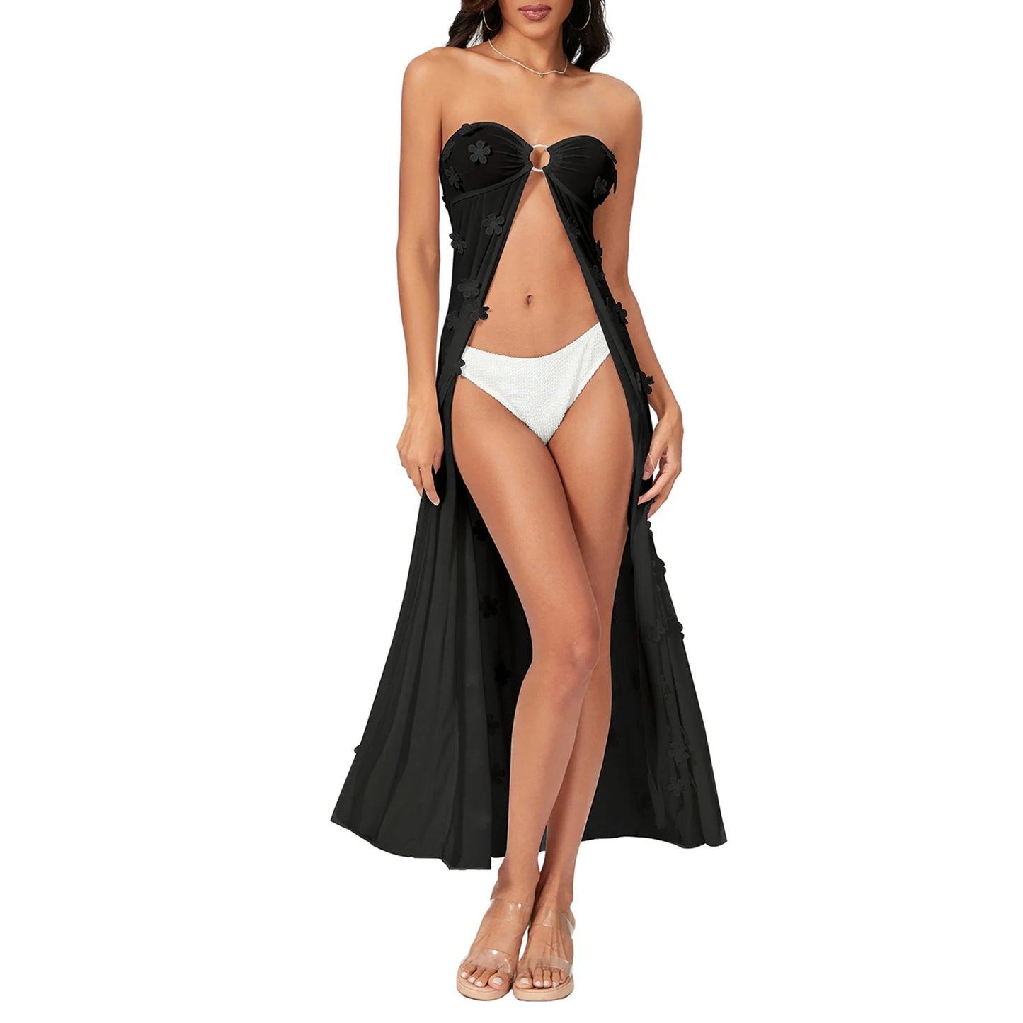 Women Beach Cover Up Flower Embellished See-Through Strapless Summer Swimsuit Coverup Bathing Suit Cover Ups Dresses