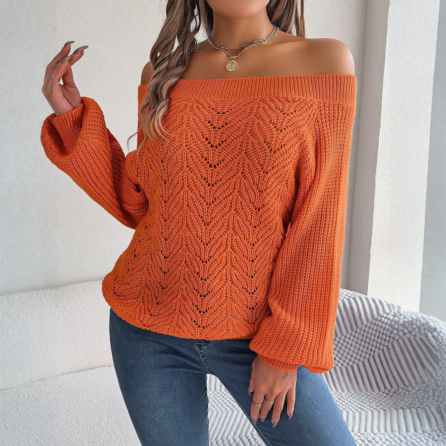 Women'S Casual Fashion Solid Color Hollow Neck Off-Shoulder Long-Sleeved Sweater Tops De Mujer Sweater Woman