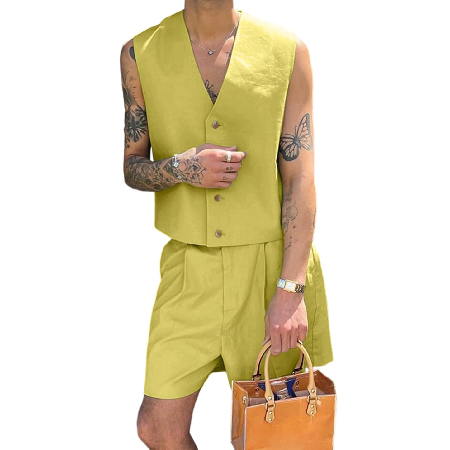 Stylish Men s Summer Ensemble Solid Color V Neck Button Up Vest Top and Wide Leg Shorts 2-Piece Outfit for a Fashionable Look