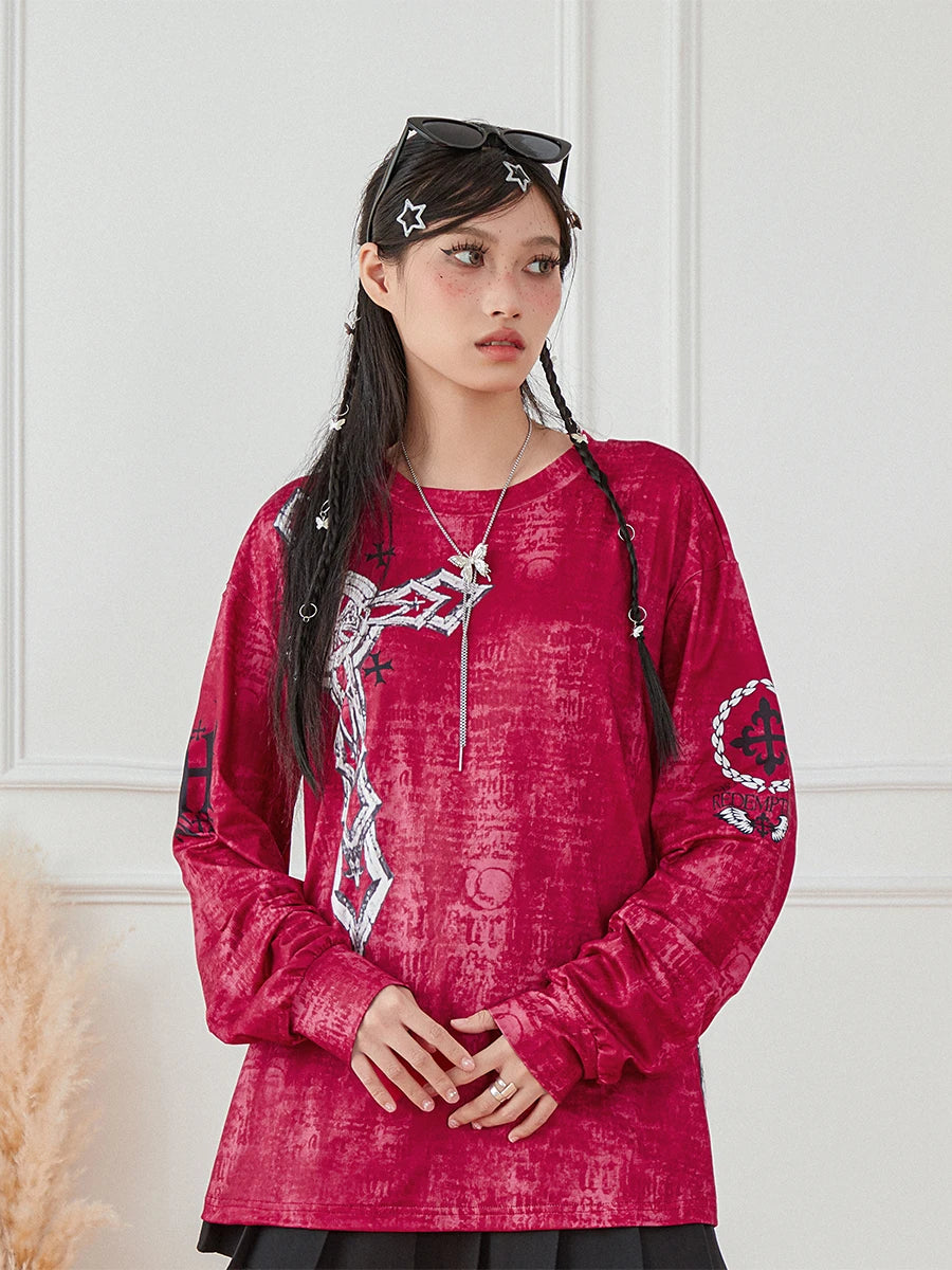 Women s Vintage Graphic Tops Gothic Long Sleeve Round Neck Loose T-Shirts Streetwear Grunge Tops