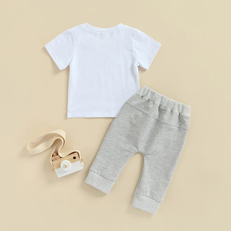 Boys 2-Piece Set with Short Sleeve Letter Print T-Shirt and Solid Color Long Pants Round Neck Tee and Trouser Outfit