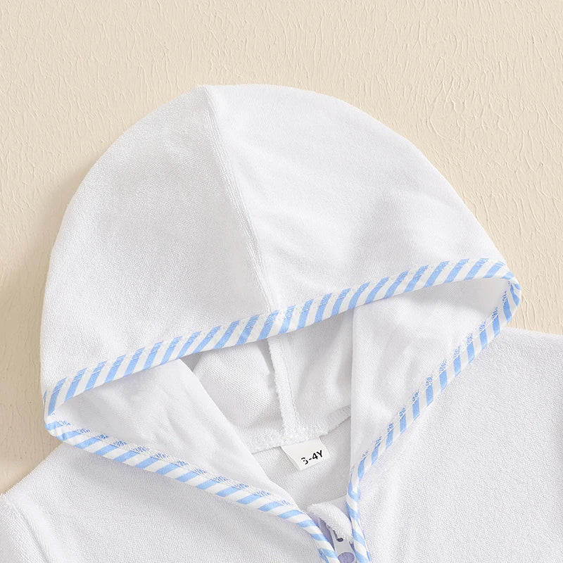 Kids Girl Hooded Beach Coverup Stripe Print Loose Fit Short Sleeve Zipper Bathrobe for Summer