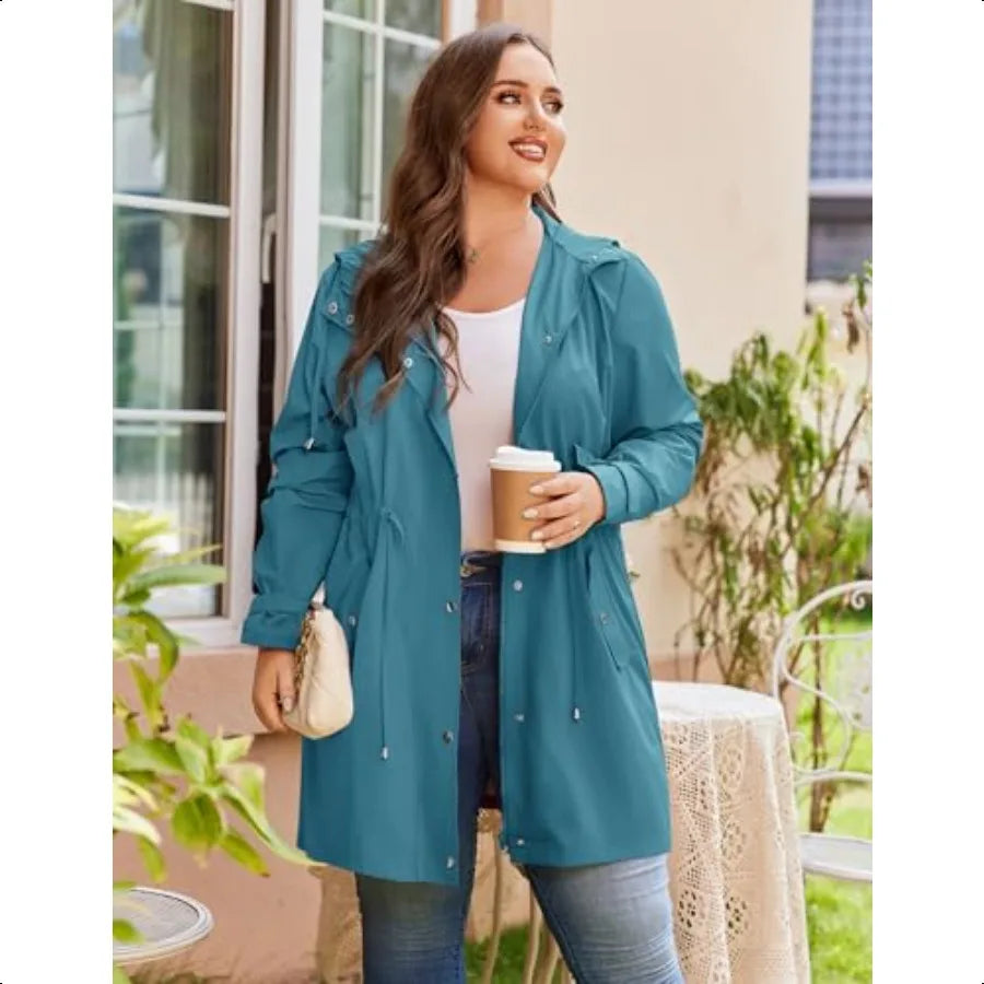 IN'VOLAND Plus Size Rain Jackets For Women Waterproof Rain Coats with Hood Lightweight Windbreaker Outdoor Trench Coat
