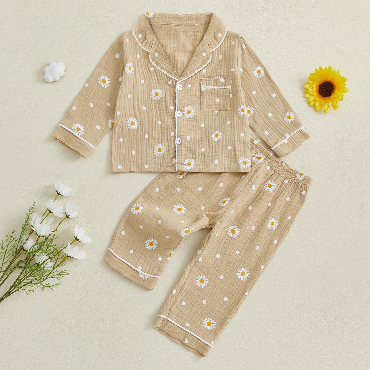Autumn Kids Girls Pajamas Set Flower Print Long Sleeve Tops Elastic Waist Pants Sleepwear Fall Clothes