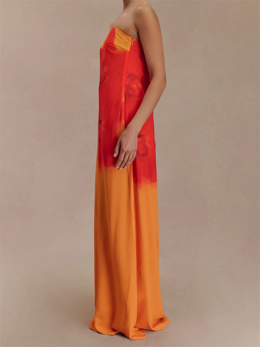 Women Long Dress Floral Print Tube Dress Summer Fashion Backless Casual Strapless Dress