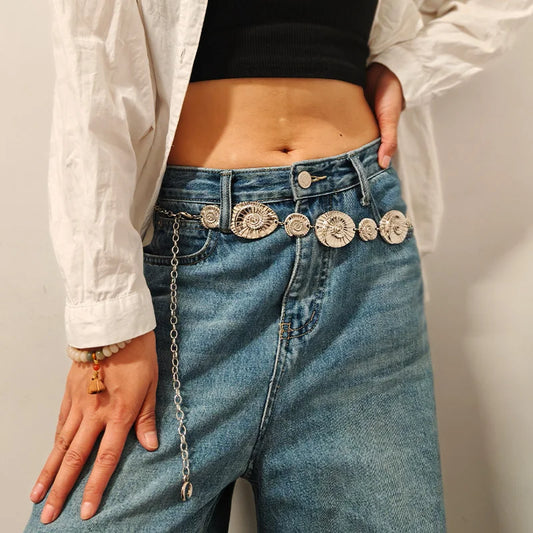 New Fashion Golden Waist Chain Metal Belt Women's Personalized Irregular Designer Geometric Shape conch Jeans Belt  Summer Beach