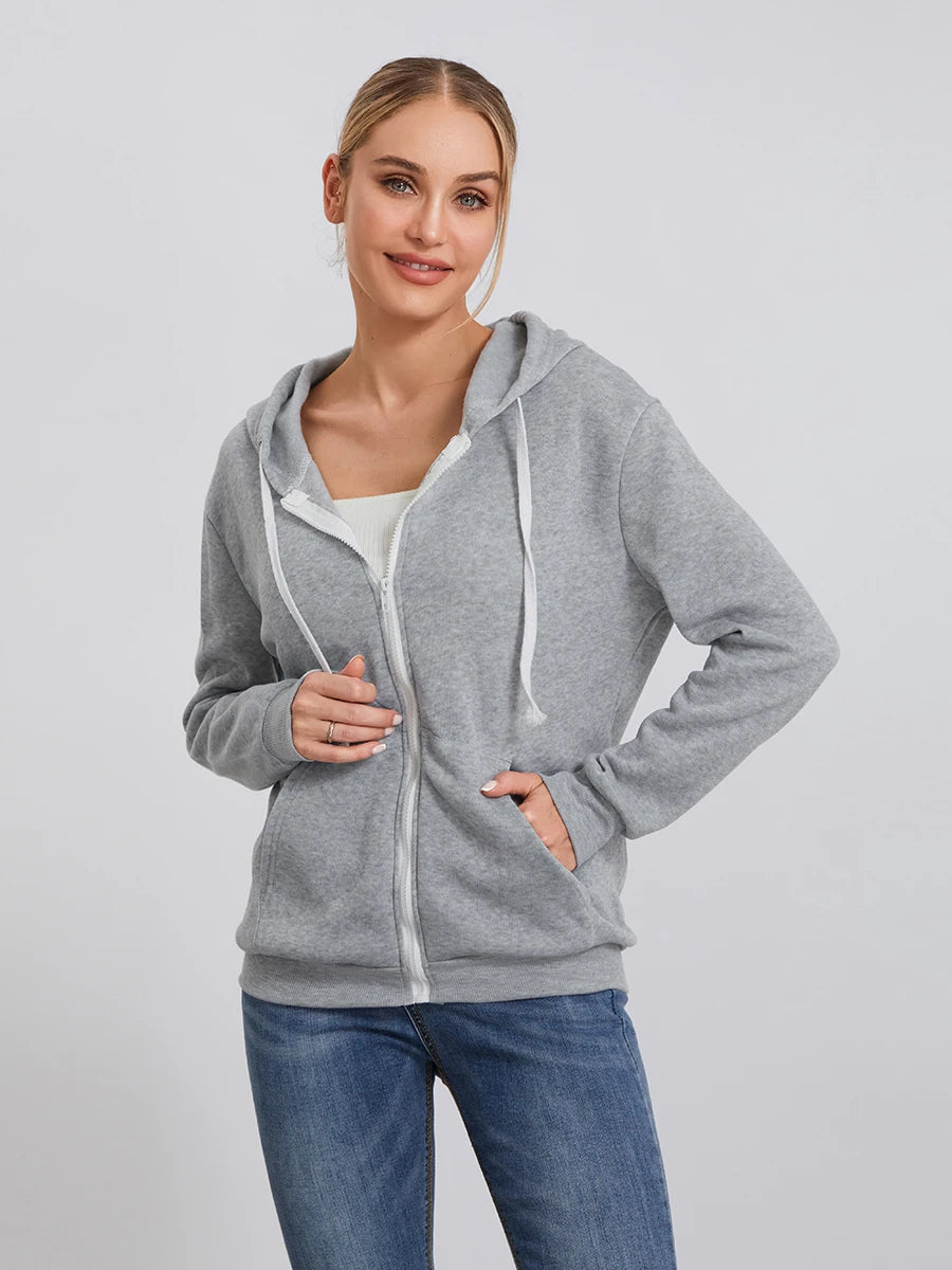 Women s Zip Up Hoodies Long Sleeve Solid Color Classic Fit Sweatshirts Jackets Streetwear Tops