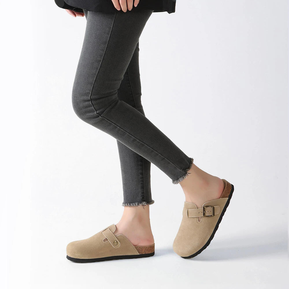Women's Suede Clogs Shoes Adjustable Buckle Slip Casual Fashion Footbed Home Clog Falt Slippers New 2024