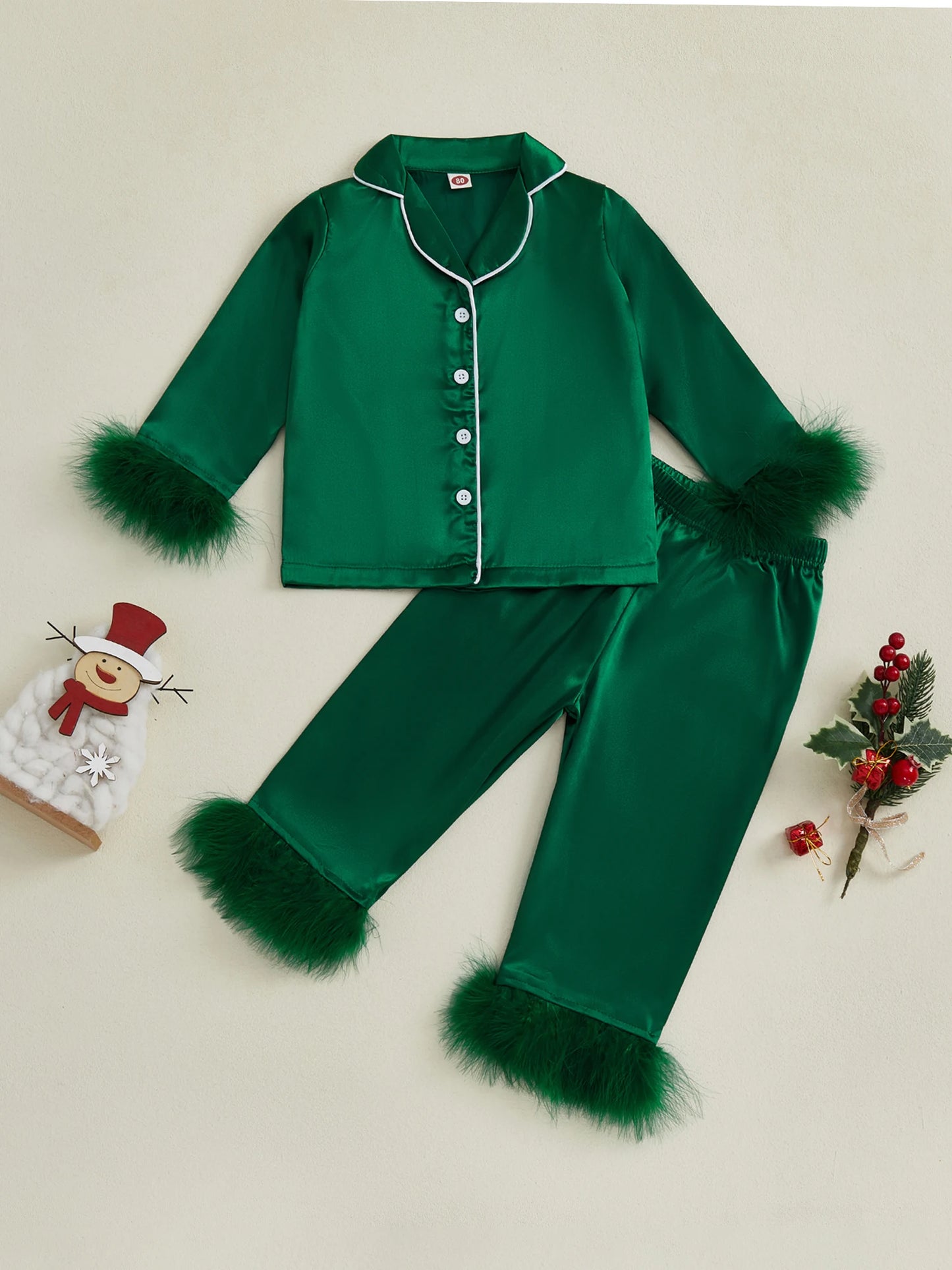 Children s Satin Pajama Set with Plush Trim Long Sleeve Button-up Shirt Elastic Waist Pants - 2 Piece Sleepwear Ensemble