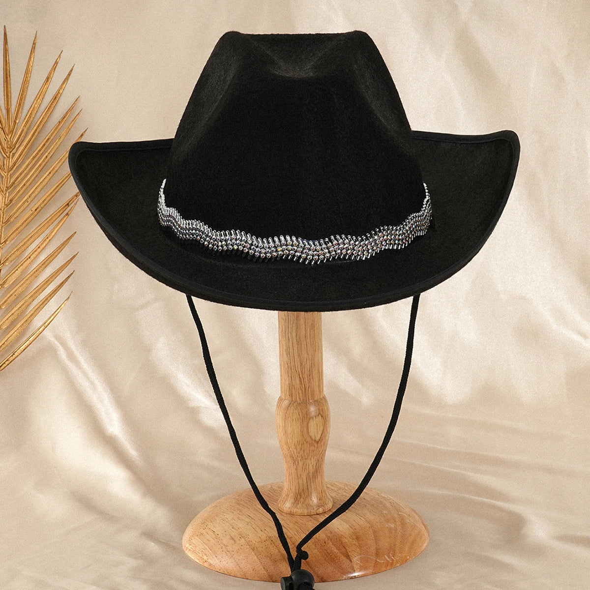 Stylish Women s Black Cowboy Hat with Wide Brim and Sparkling Rhinestone Band for a Classic Western Look