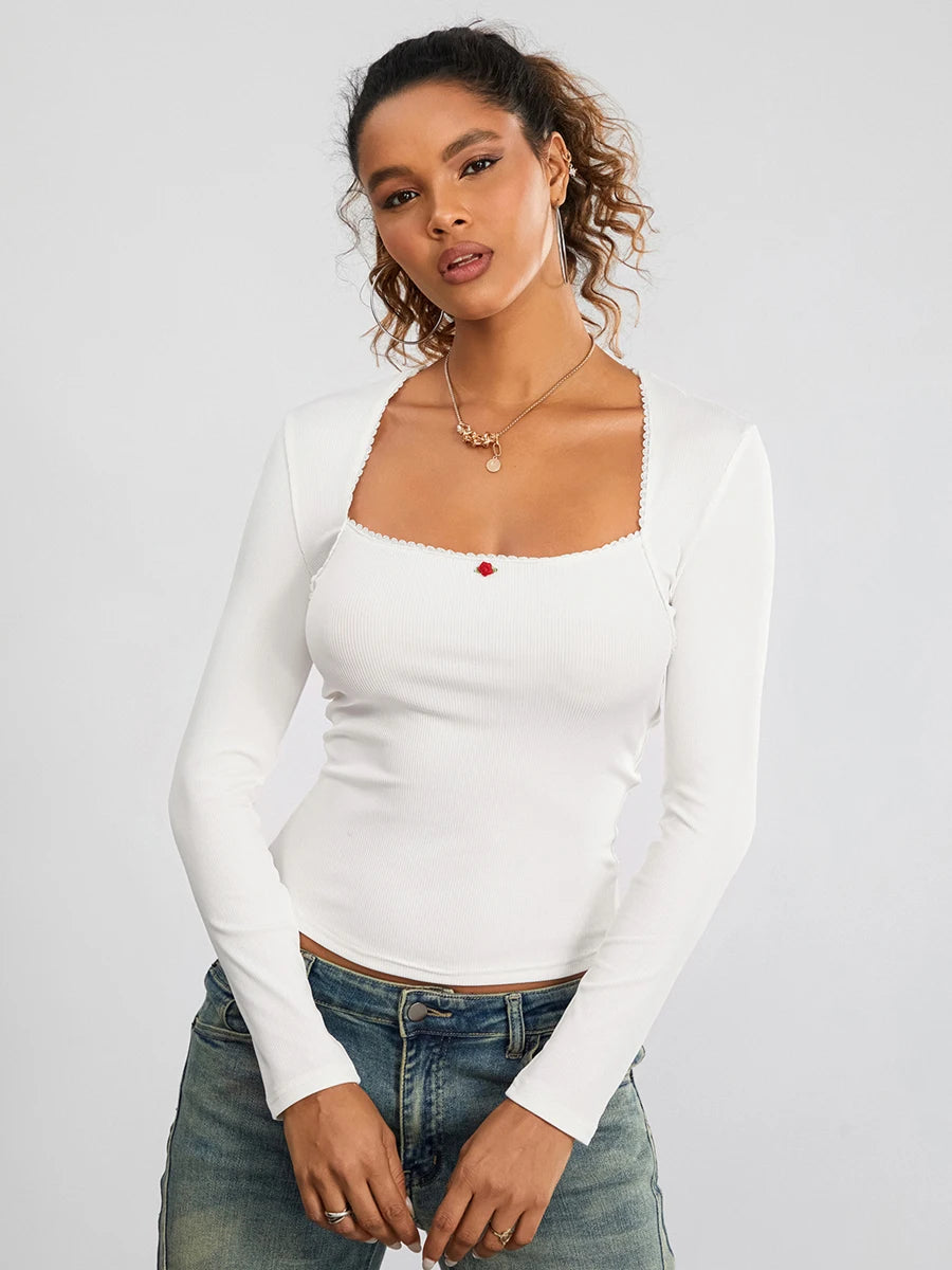 Women s Spring Sim Knit Tops Striped Patterned Ribbed Long Sleeve V-Neck Mini Daisy Embellished Blouses