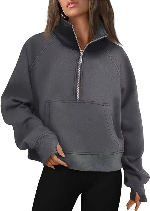 New Women's Spring Autumn Winter Stand Collar Plus Fleece Solid Color Hoodie Long Sleeve Pocket Loose Half Zip Pullover Hoodie