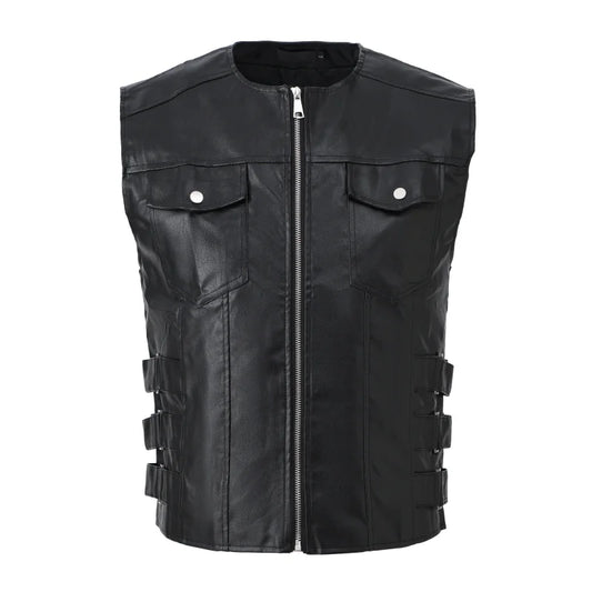 Men's Fashion Leather Biker Vests High Street Punk Style Motorcycle Rider Waistcoat For Male Sleeveless Jacket