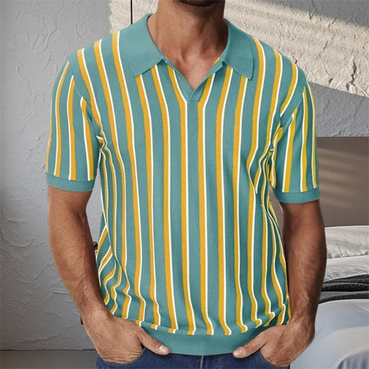 Men s  Fit Striped Knit Shirt with Lapel V Neck and Short Sleeves - Stylish Summer Streetwear Top for a Trendy Look
