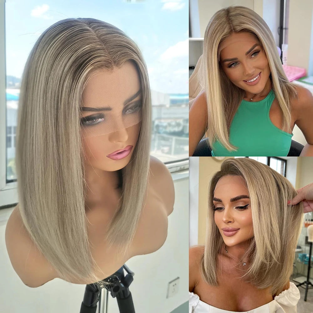 Ombre Ash Blonde Wig Human Hair 13x4 Lace Front Wig Human Hair Highlight Short Bob Wig HD Transparent Lace Front Human Hair Wigs