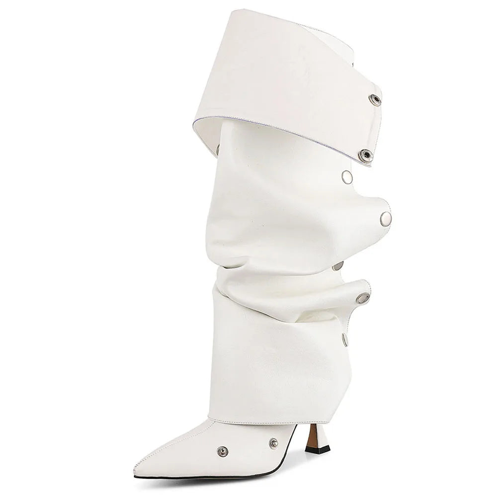 DoraTasia Fashion Fold Over Knee High Boots Pleated Pointed Toe Stiletto High Heeled Women Boots Zipper Rivet Shoes For Woman