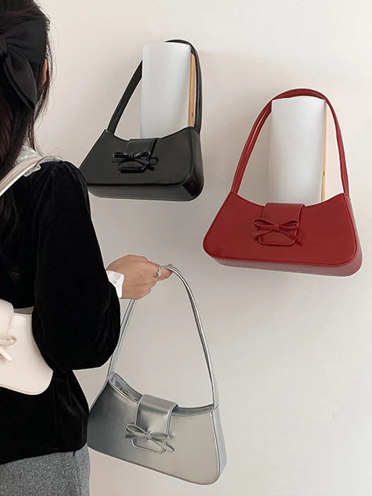 Sweet Bow Fashion Handbag PU Leather Everyday Purse with Zipper Closure Clutch Purse Trendy Underarm Bag for Women and Girls