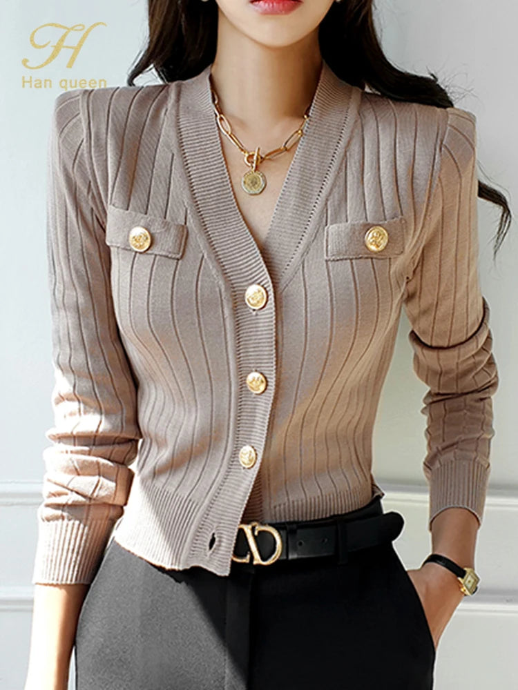 Han Queen Korean Chic V-Neck Knitted Cardigan Sweater For Women Casual Basic Long Sleeve Cardigans Autumn Vintage Sweaters Top