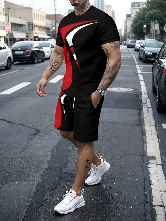 Men's trendy round neck short-sleeved shorts two-piece suit, 3D digital printing high-definition pattern, summer leisure and com