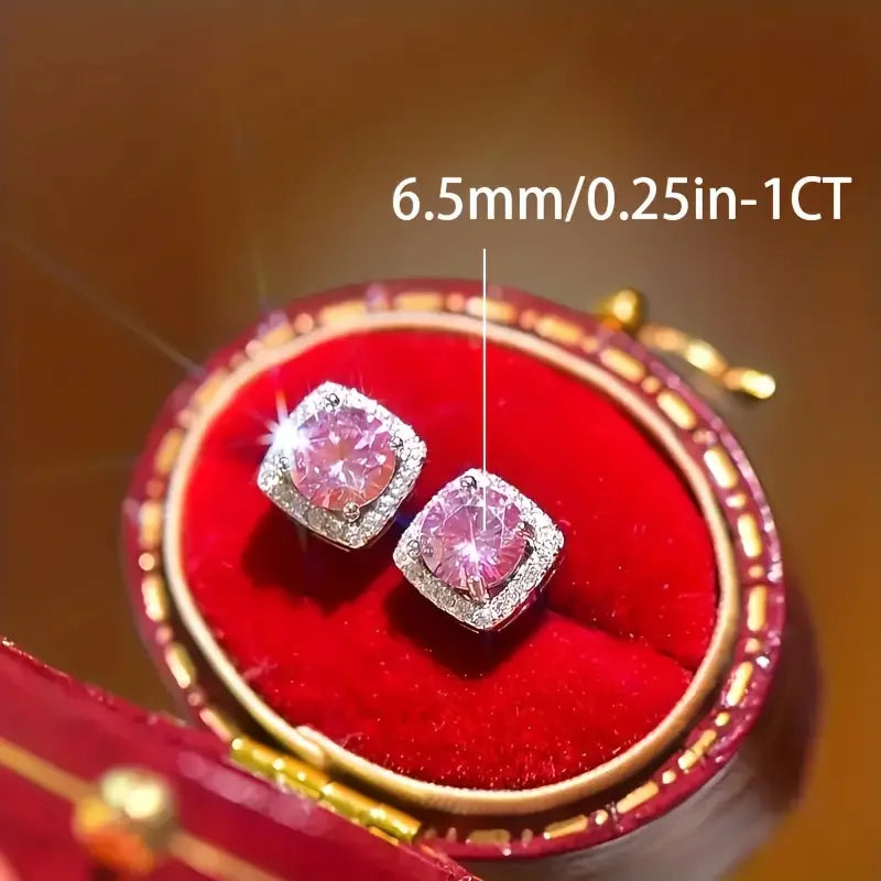 925 Silver Plating. 1 Carat Pink Moissanite* 2, Fashionable Earrings for Men and Women