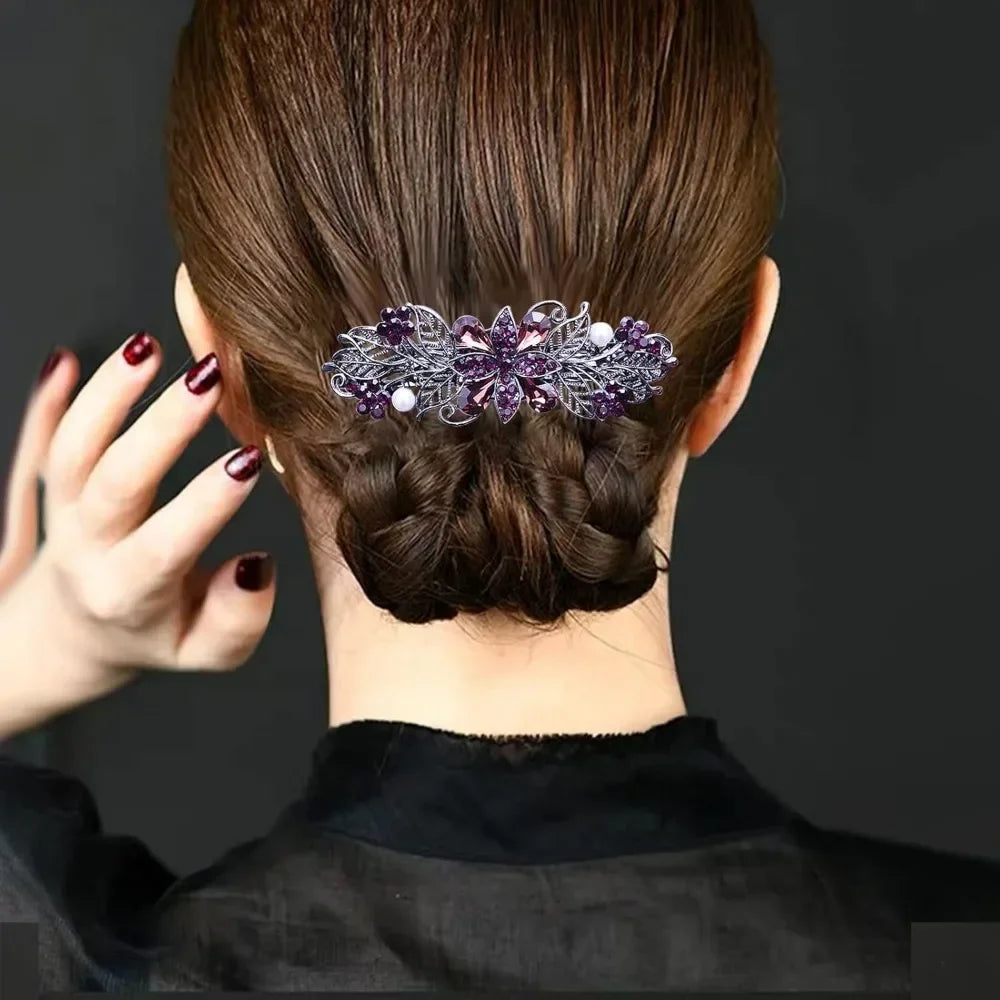 Hair Barrettes for Women Ladies, Flower Crystal Rhinestones Barrettes Pearl Spring Hair Clip Accessories Women Fashion Ponytail
