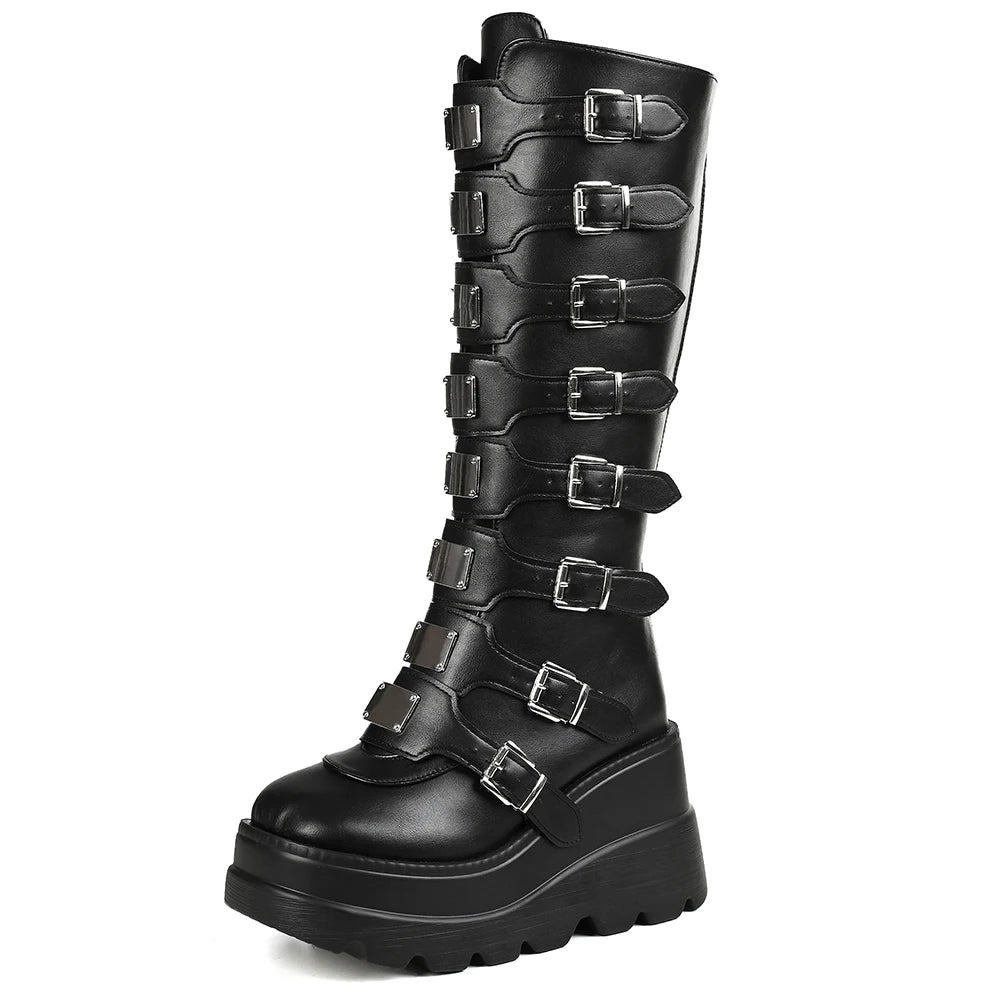 GIGIFOX Goth Metal Buckle Combat Mid-Calf Boots For Women Round Toe Platform Chunky High Wedges Cool Fashion Motorcycle Boots