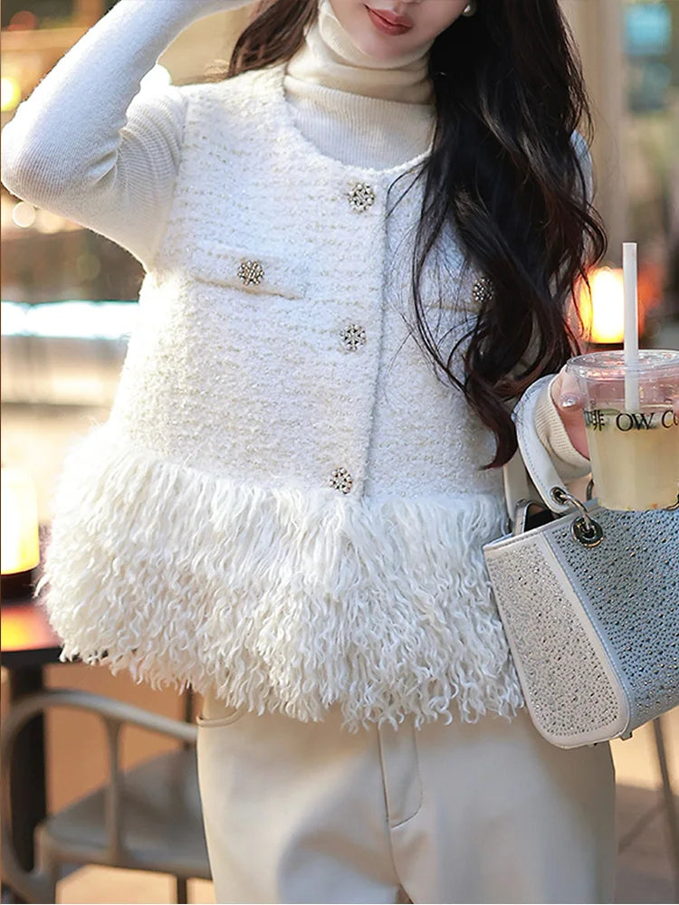 White sleeveless vest small coat elegant casual autumn and winter fashion tassel vest top short style gentle style for women