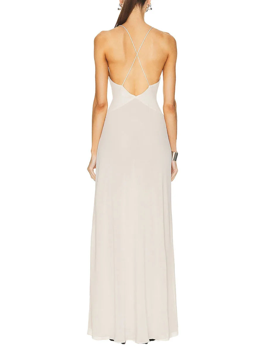 Elegant Women s Sleeveless V Neck Maxi Dress with Floral Embellishments for Summer Evening Parties and Events