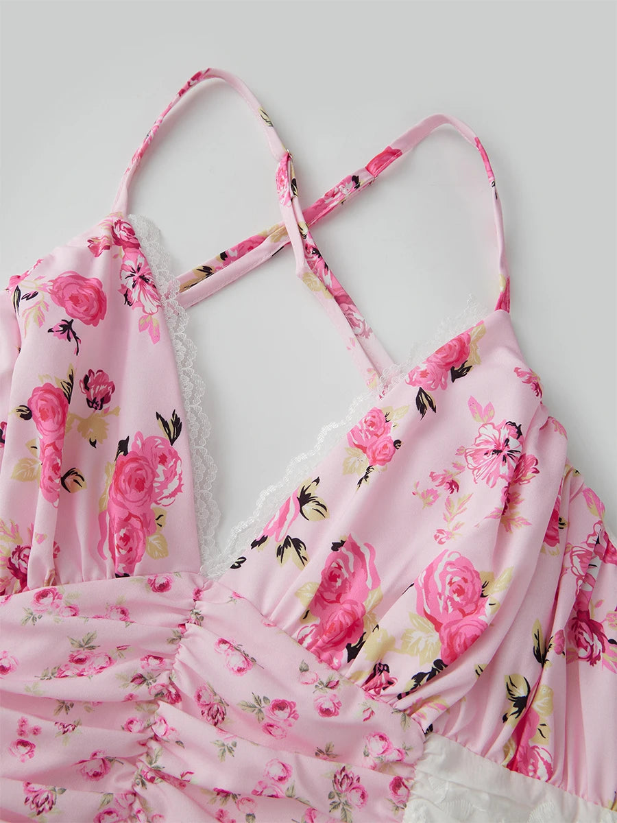 Elegant Boho Chic Maxi Dress with Floral Print and Delicate Lace Details Sleeveless V-Neck A-Line Dress for Summer Wedding or