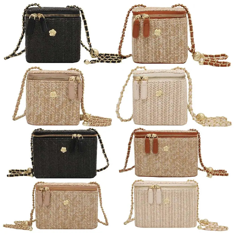 Women Weaving Beach Handbag with Chain Straw Bucket Satchel Bag Bohemian Top Handle Bag Ladies Summer Daily Bag