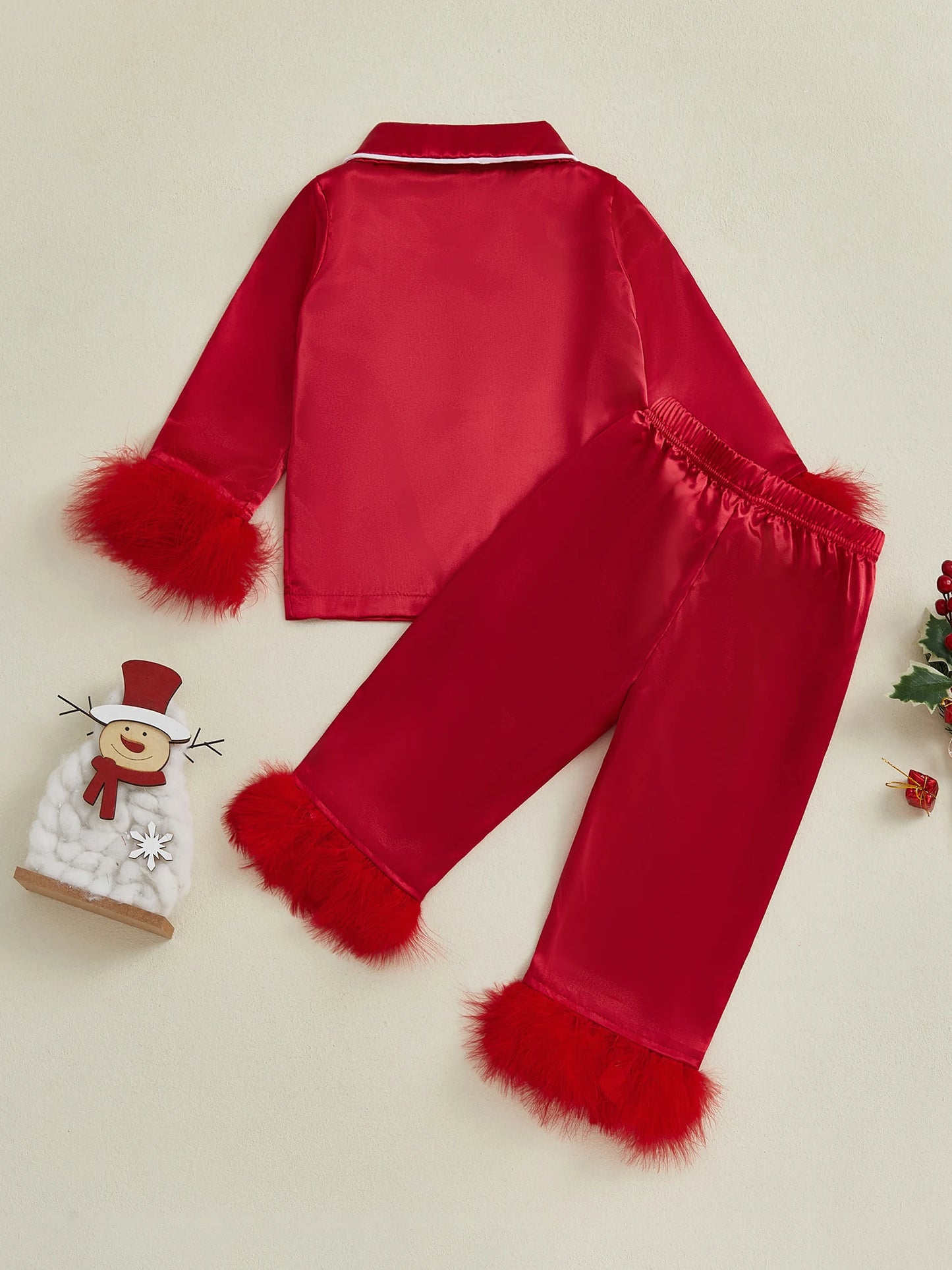 Children s Satin Pajama Set with Plush Trim Long Sleeve Button-up Shirt Elastic Waist Pants - 2 Piece Sleepwear Ensemble