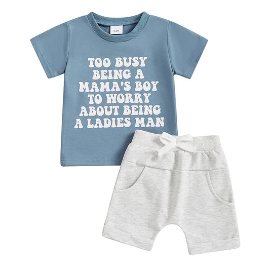Boys Summer Outfits Cute Letter Print T-Shirts with Elastic Waist Shorts - 2-Piece Set for Toddler Boys