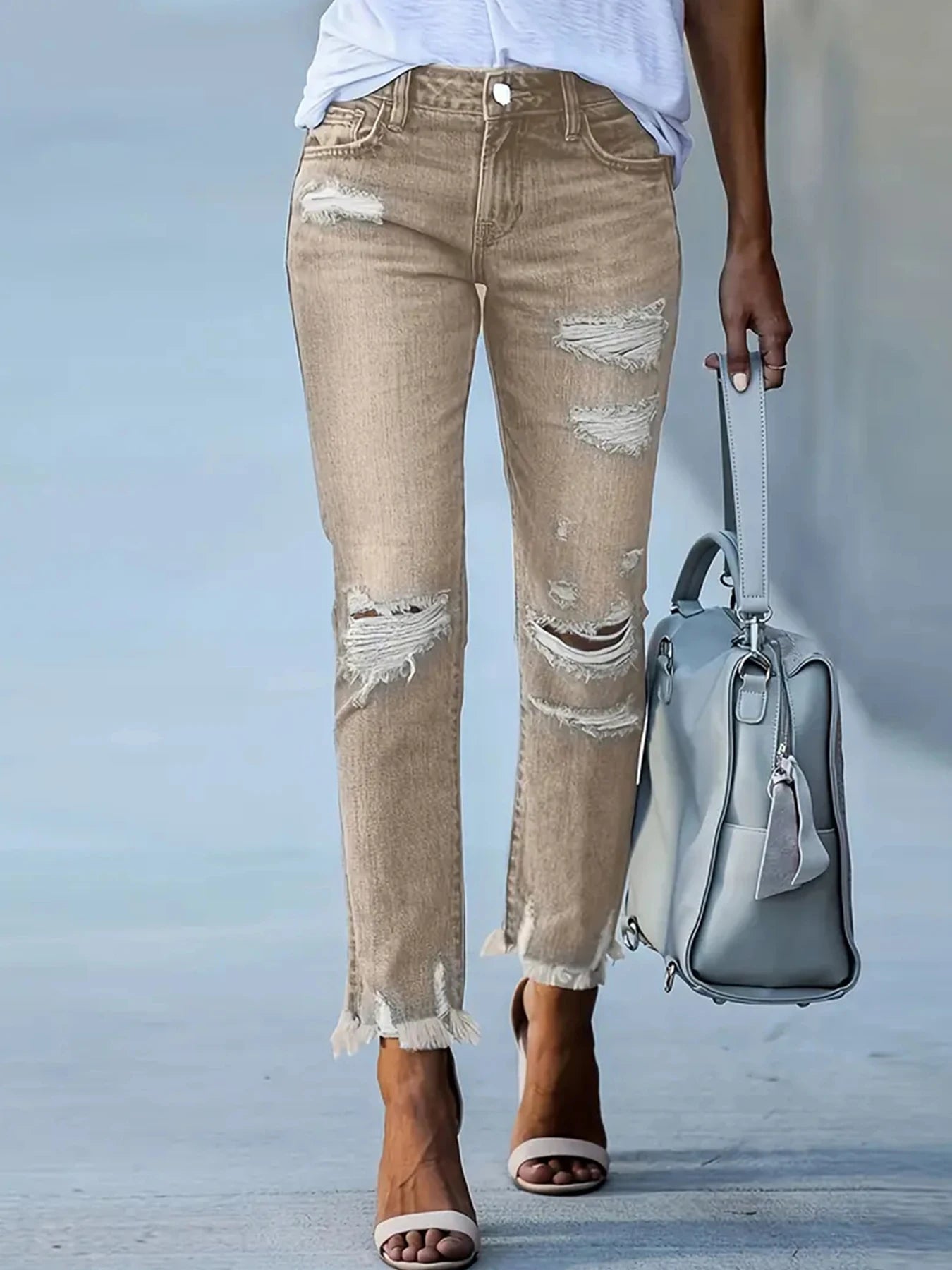 Women's Retro Elastic Distressed Distressed Washed Slim Fit Denim Cropped Pants, Street Style, Suitable for Daily Wear