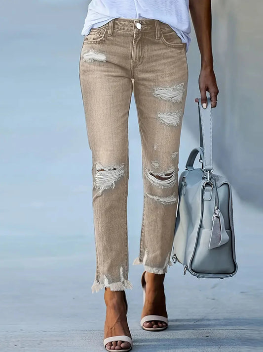 Women's Retro Elastic Distressed Distressed Washed Slim Fit Denim Cropped Pants, Street Style, Suitable for Daily Wear