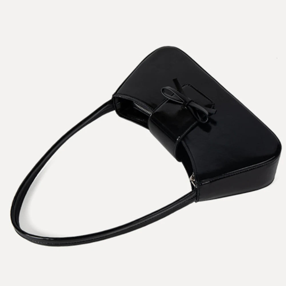 Sweet Bow Shoulder Bag PU Leather Everyday Purse with Zipper Closure Clutch Purse Retro Trendy Underarm Bag for Women and Girls