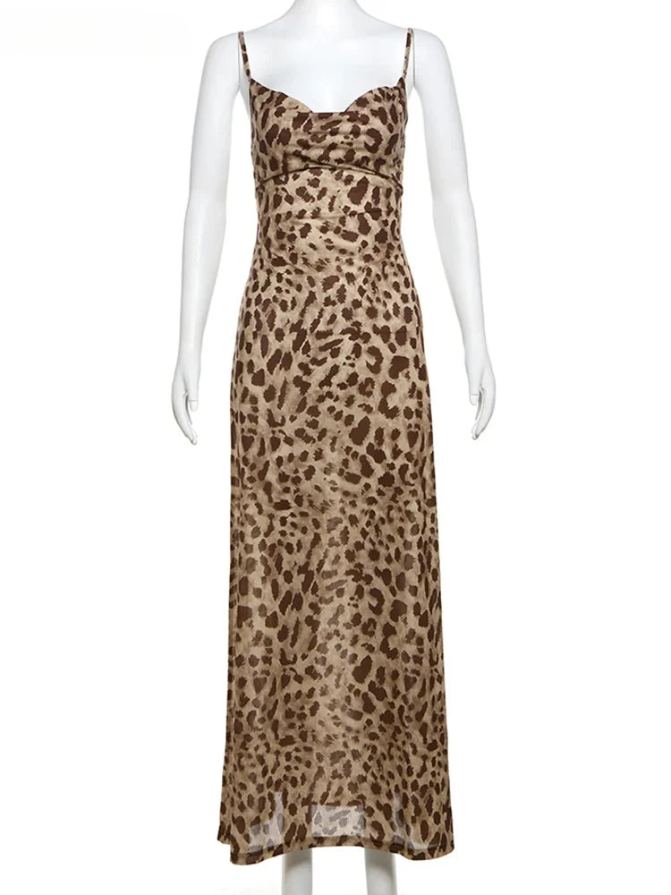 Weird Puss Leopard Print Dress Woman Summer Sexy Swing Collar Spaghetti Straps Backless Ruffles Party Clubwear Skinny Vestidos