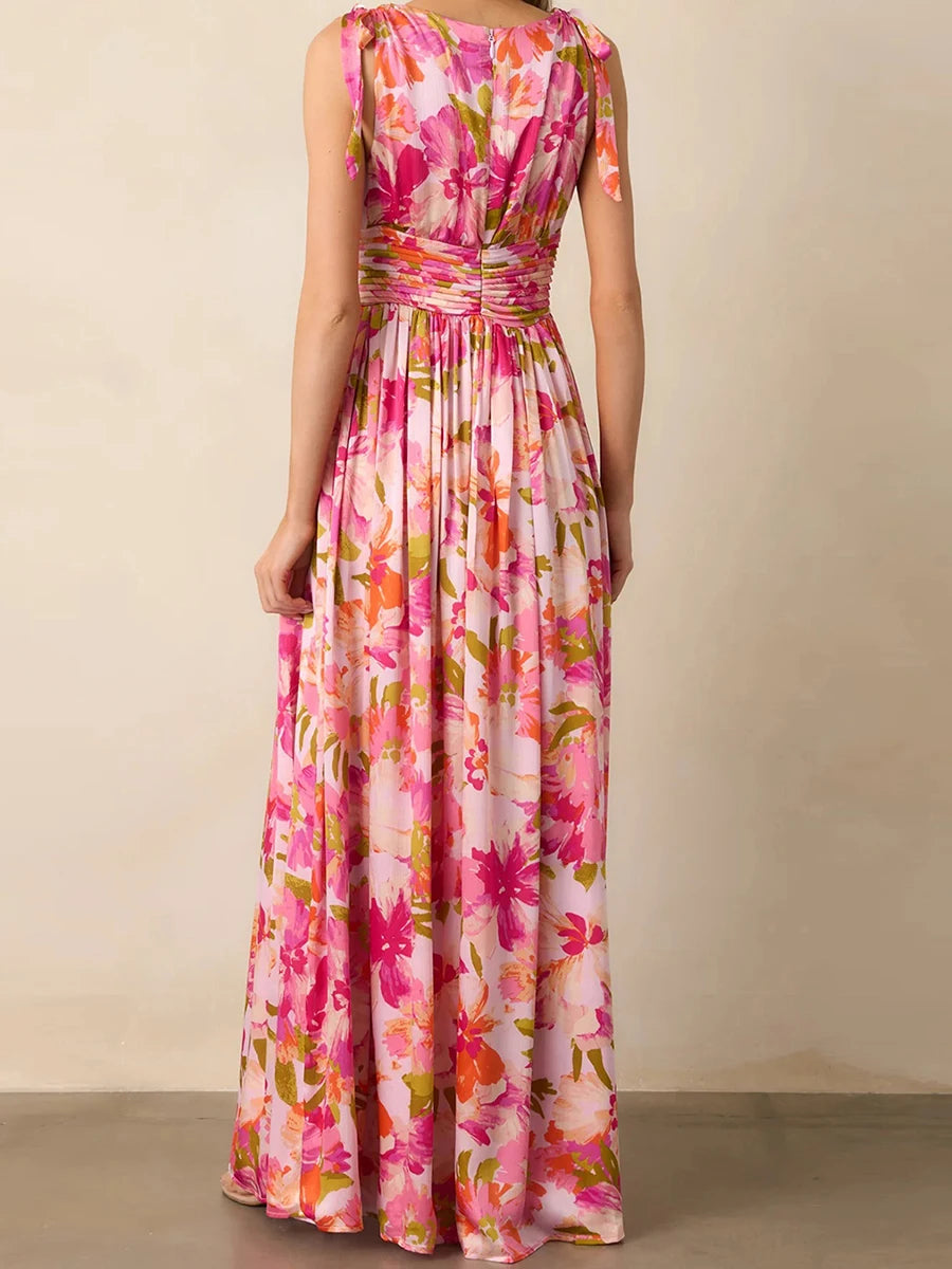 Elegant Maxi Dress with Boho Floral Print Stylish V-Neckline and Chic Tie-Up Shoulder Detail Perfect for Summer Casual Wear