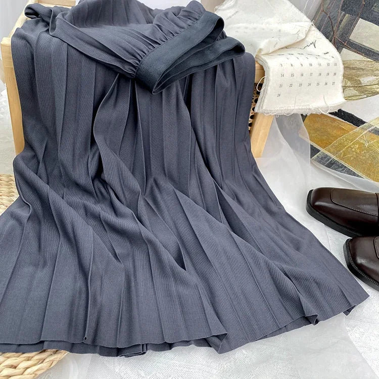 2025 Women Elegant Pleated Skirt High Waist Women Mid-long Skirt Female Ladies High Quality Women Midi Skirt Black Saia