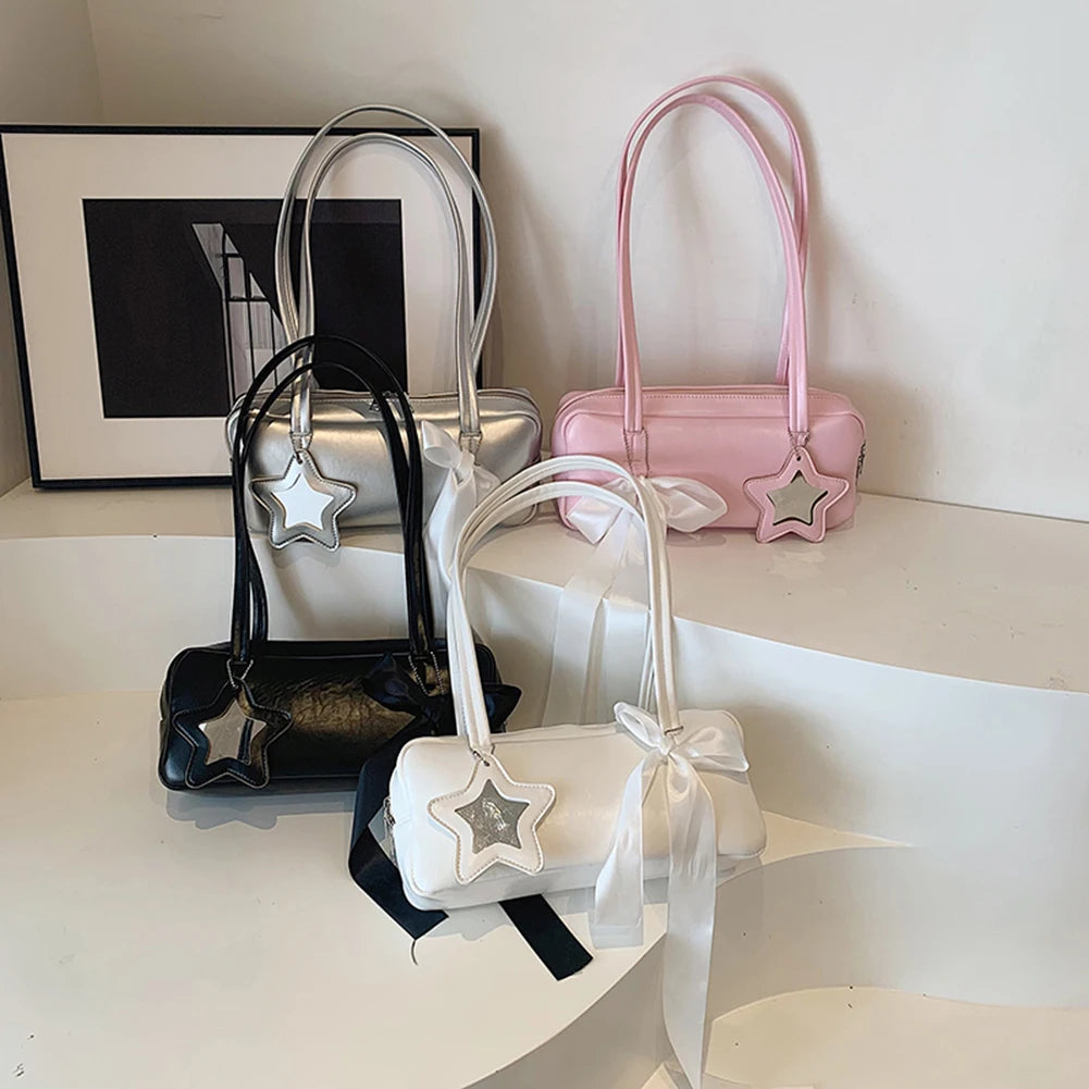 Women Bow Shoulder Bag with Star Pendant Fashion Shoulder Purse PU Leather Bow Underarm Handbag Girls Outdoor Daily Bag