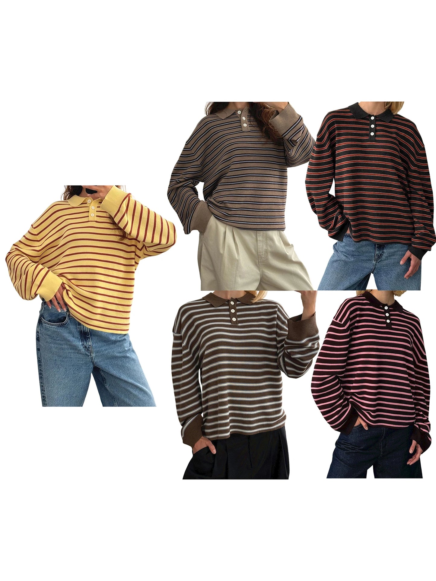 Women s Striped Collared Sweater with Loose Fit and Long Sleeves - Stylish Pullover Knit Top for Casual Winter and Fall Fashion